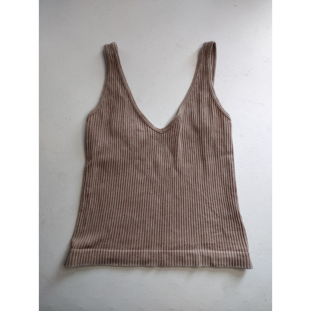 AURA Ribbed V Neck Tank Top Brown Knit Seamless Stretchy Basic Women XS S